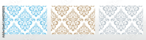 Wallpapers in the style of Baroque.. Set of colored floral ornaments. Seamless vector backgrounds Graphic patterns for fabric, wallpaper, packaging. Ornate Damask flower illustration