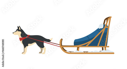 Dog sledding cartoon illustration, husky pulling a sled through snowy terrain, showcasing winter adventure and animal transport in a simplistic design