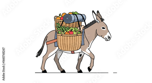 Illustration of a burdened donkey carrying fresh produce and provisions in woven baskets on its back against a clean white background