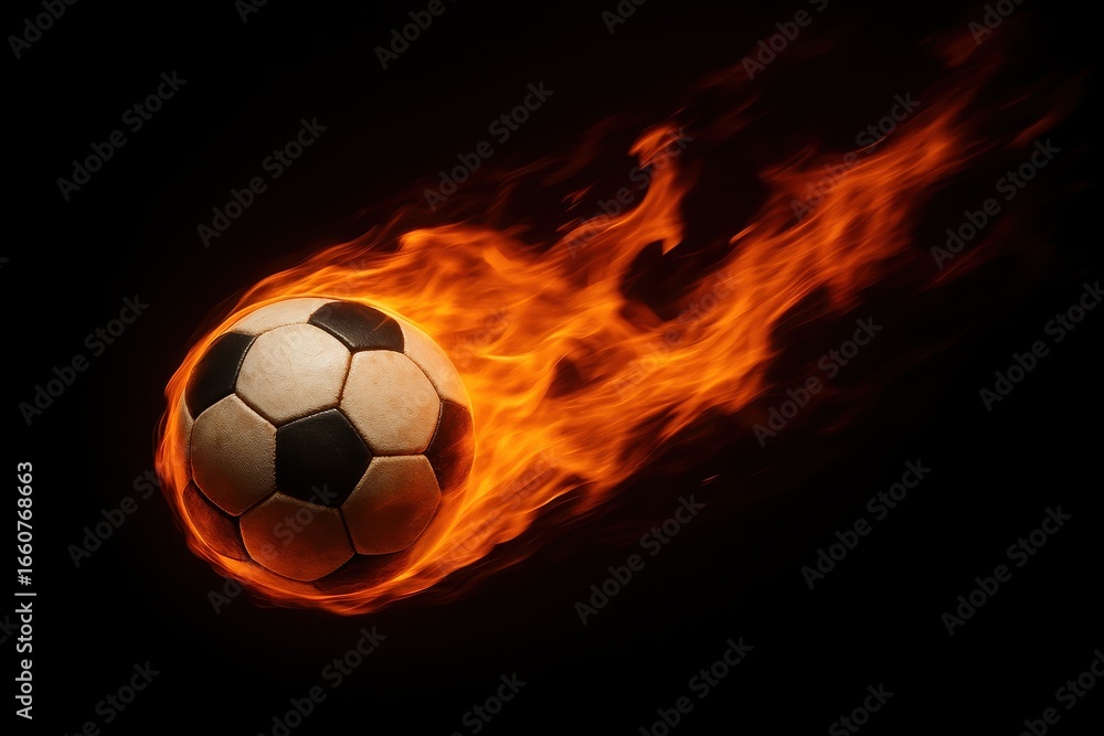 Fototapeta premium Professional soccer ball with flame trail against dramatic black background