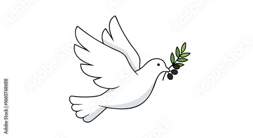Peaceful flying dove carrying an olive branch, symbolizing hope and new beginnings on a clean white backdrop, ideal for various design concepts