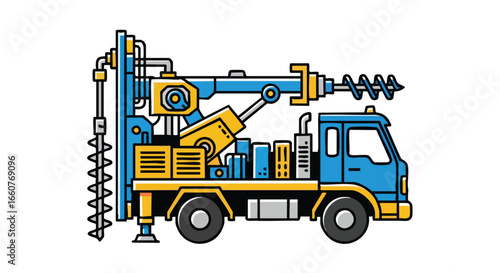 Stylized drilling truck illustration, construction vehicle with earth auger equipment perfect for industrial projects and development visualization