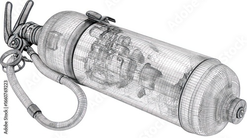 Wireframe rendering of a fire extinguisher, with transparent internals