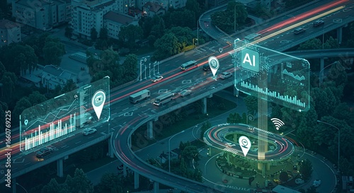 AI-Powered Smart City: Nighttime Aerial View of Intelligent Transportation System
