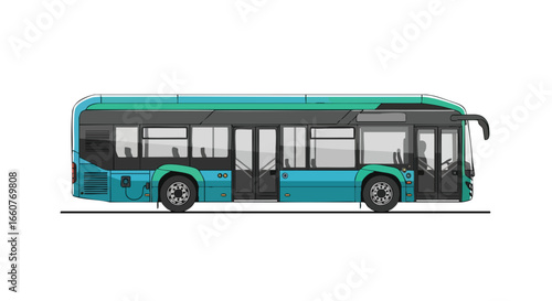 Side View Illustration of a Modern City Bus with Teal and Gray Color Scheme, Ideal for Transportation Concepts and Urban Mobility