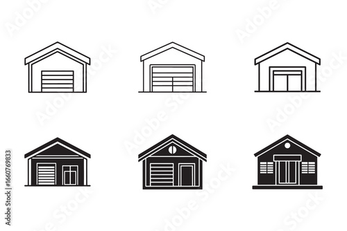 Set of Six Garage Icons in Black and White Providing Simple Graphic Representation for Architectural Design and Real Estate Development Concepts