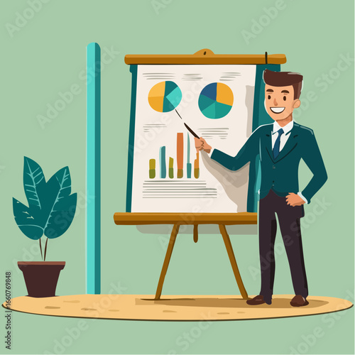 The image shows a man in a suit standing in front of a whiteboard with graphs and diagrams on it.