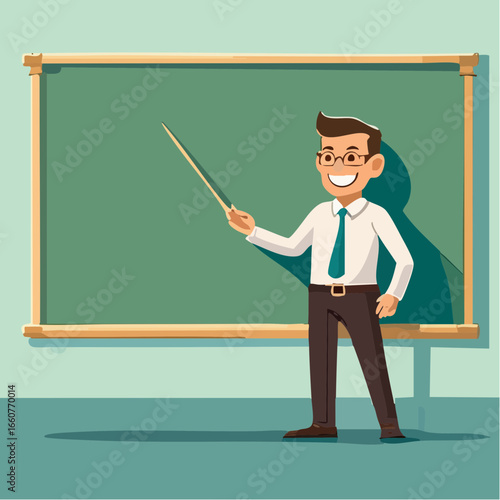 The image shows a cartoon teacher standing in front of a blackboard, holding a pointer in his hand.