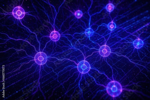 Quantum computing visualization with glowing qubits and neural pathways in cyber space
