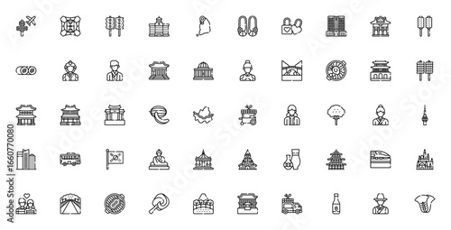 Seoul_6134 icon set. Korean culture vector symbols. Features landmarks like Gyeongbokgung palace, Seoul tower, Nami island, plus food like kimchi, bibimbap, soju, and more.