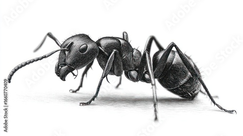 Detailed monochrome drawing of ant featuring antennae, mandibles, and segmented body