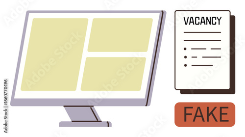 Computer monitor beside a fabricated vacancy card labeled FAKE. Ideal for online scams, fraud, cybersecurity, job hunting, misinformation, awareness campaigns, and workplace integrity. Simple flat