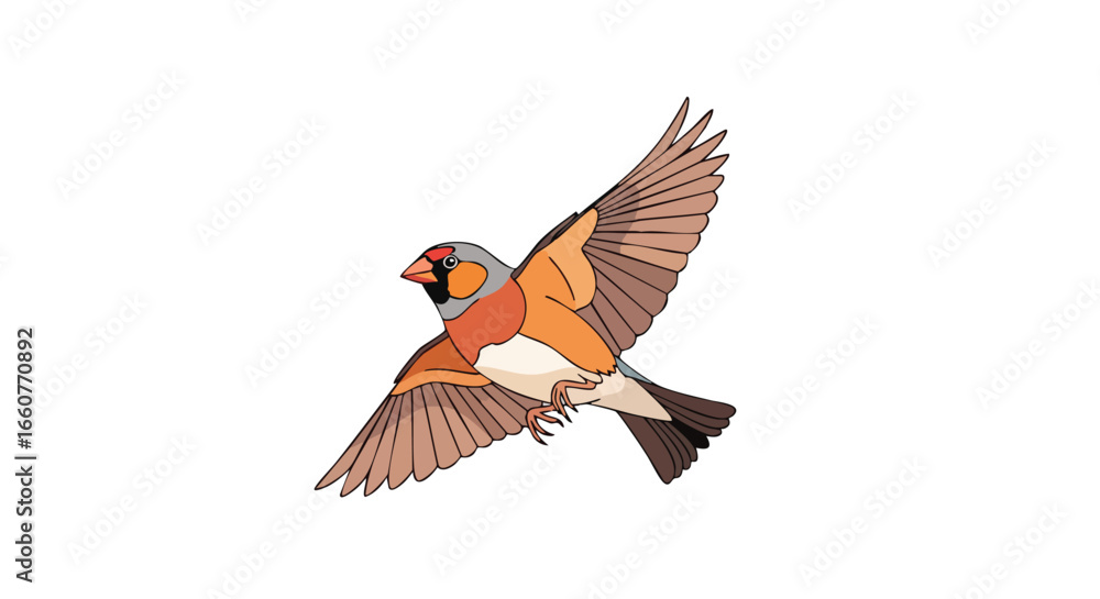 Obraz premium Illustrative depiction of a colorful gouldian finch in mid-flight against a stark white background, showcasing detailed wing feathering and vibrant