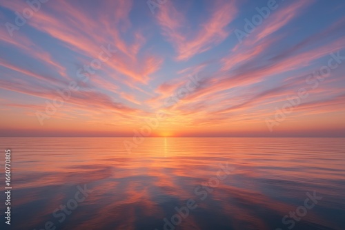 Breathtaking ocean sunset with cotton candy clouds reflecting golden and purple hues on calm waters