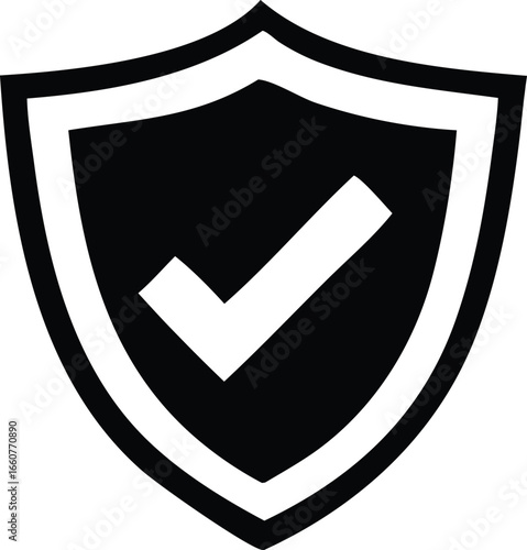 Black shield with white checkmark symbolizing security safety protection and verification trustworthiness and assurance