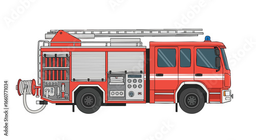 Detailed Illustration of a Fire Engine with Ladder and Hose on White Background Emergency Response Vehicle