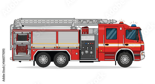 Detailed Fire Engine Illustration Depicting Emergency Response Equipment and Vehicle Structure