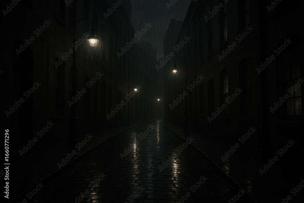 Obraz premium Atmospheric noir alley at night with wet cobblestones reflecting neon lights in urban cityscape