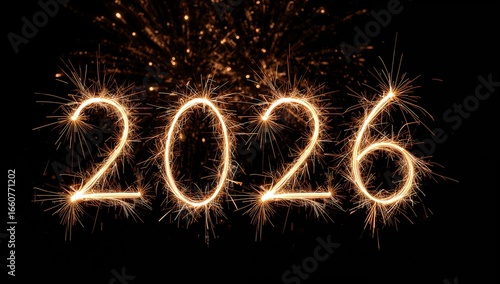 Bright sparklers form the year 2026 against a dark background