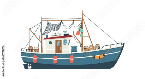 Charming Cartoon Fishing Boat Illustration Capturing Nautical Adventures and Coastal Scenery Featuring Marine Life