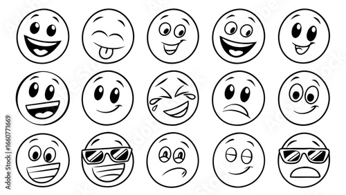 Collection of black and white cartoon emoji faces with different expressions set of cute and funny emoticons for social media and communication