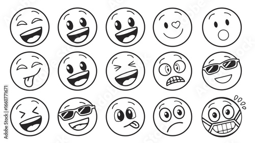 Collection of hand drawn emoji faces featuring various expressions such as happy, sad, angry, funny, cute, cartoon, character and icon