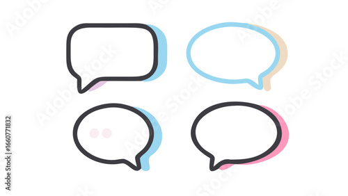 Four speech bubbles with colorful shadows, symbolizing communication, dialog, and online interaction in a modern and minimalist style