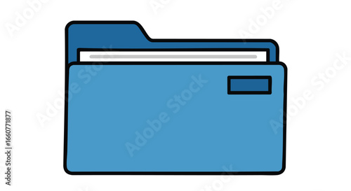 Stylized blue file folder icon with papers isolated on white background to represent digital file organization and archiving system