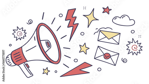 Hand drawn megaphone with emails and lightning bolts, a graphic illustration for communication, marketing, and advertising concepts