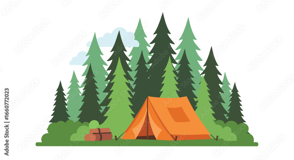 Fototapeta premium Peaceful campsite nestled within a vibrant evergreen forest under a gentle, cloudy sky offers a tranquil natural escape