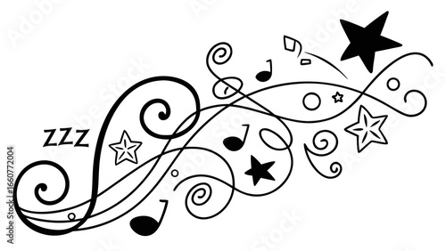 Hand drawn doodle stars, music notes and swirls for dreamy, whimsical designs, perfect for childrens illustrations and sweet patterns