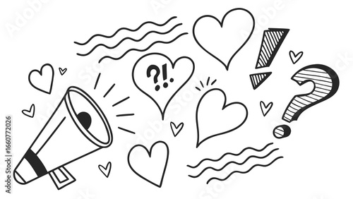 Handdrawn illustration of a megaphone surrounded by hearts, question marks, and exclamation points, conveying a message of love and excitement