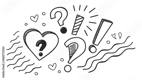 Handdrawn doodle illustration featuring hearts, question marks, and exclamation marks, perfect for adding a playful and expressive touch