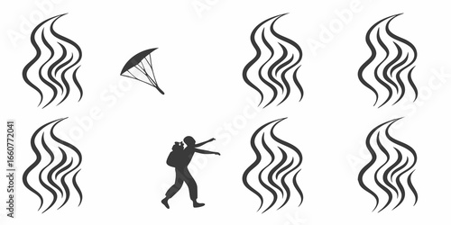Abstract aroma, fragrance, smoke, steam, vapor, and wave shapes with parachute and skydiver silhouette for graphic design