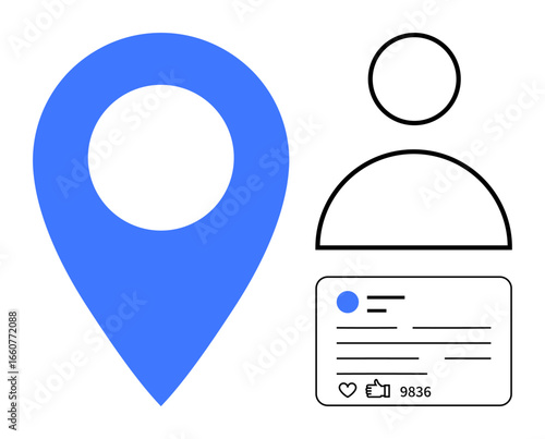 Blue geolocation pin, user icon, and social engagement card with thumbs ups and followers. Ideal for user profile, geotagging, social media, networking, analytics, marketing simple landing page