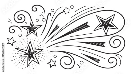 Hand drawn doodle stars and burst elements for decoration, design, and abstract illustration in black and white style