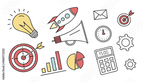 Hand drawn business doodles illustrating marketing strategy, financial planning, and innovative ideas for achieving success and growth