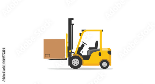Stylized vector illustration of a yellow forklift carrying a cardboard box, isolated on a clean white background depicting shipping and delivery