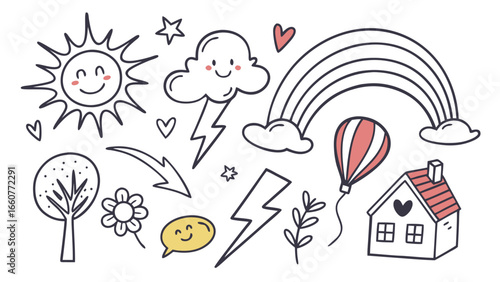Hand drawn doodle set with sun, rainbow, cloud, star, lightning, balloon, house, tree, flower, branch, heart, speech bubble, and arrow