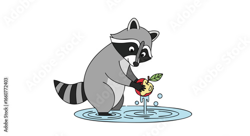 Cartoon Raccoon Character Washing an Apple in a Puddle Illustration for Children's Books or Educational Materials depicting Wildlife Interactions