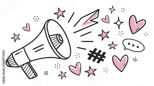 Hand drawn megaphone with stars and hearts, perfect for social media marketing, promotion, and communication to grab attention