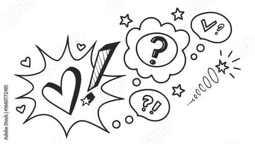 Hand drawn speech bubbles with heart, exclamation and question marks, perfect for expressing different emotions and communication