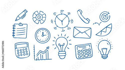 Handdrawn business and marketing icons representing strategy, finance, time management, targeting, and growth