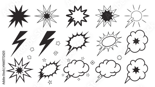 Set of comic speech bubbles, explosions, lightning bolts, and clouds in a vector illustration for graphic design and cartoon style