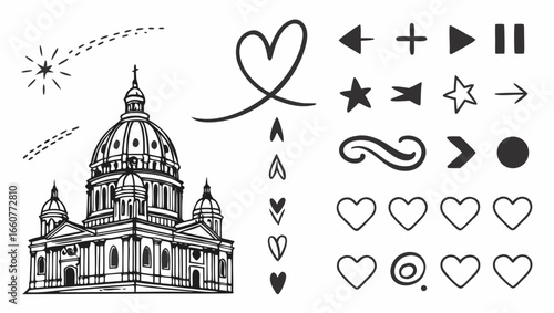 Hand drawn doodle set with hearts, arrows, stars, a church building, and other symbols for creative projects and designs
