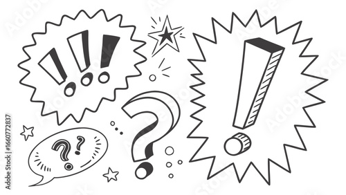 Hand drawn exclamation points, question marks, and speech bubbles for design elements, vector illustration, and graphic resources