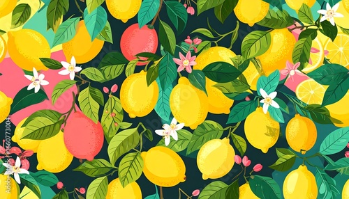 Vibrant lemon pattern with flowers and leaves