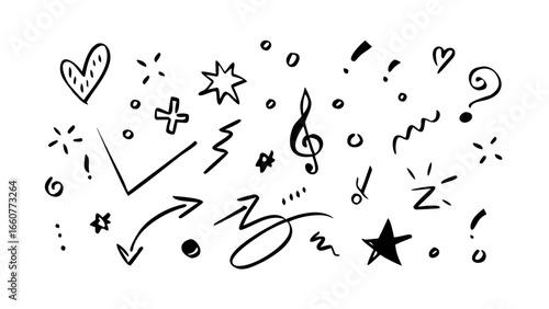 Handdrawn doodle elements with arrows, stars, music notes, question marks, exclamation points, and hearts for creative projects