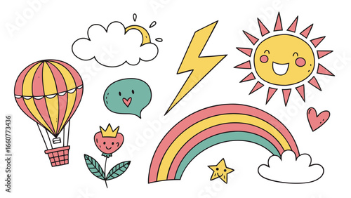 A delightful collection of handdrawn cartoon elements, featuring a cheerful sun, rainbow, cloud, balloon, and flower for whimsical designs
