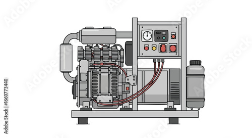 Illustrated standalone generator unit showcasing internal components and control panel features for reliable backup power solutions